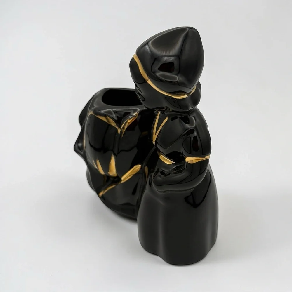 Vintage Blackamoor Ceramic Dutch Girl Figurine Black With Gold Trim Planter MCM